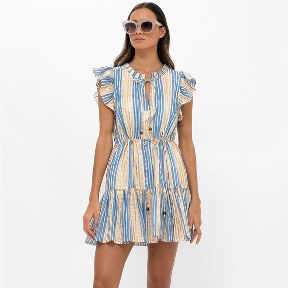 Tuckernuck Dresses & Skirts - Tuckernuck Oliphant Cinched Flirty Short Dress in Samoa Blue Gold Size XXS